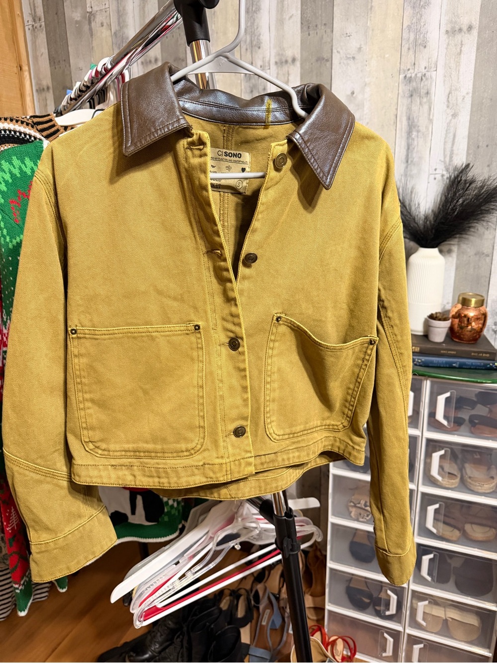 Ci Sono Mustard Canvas Utility Jacket with Brown Leather Collar